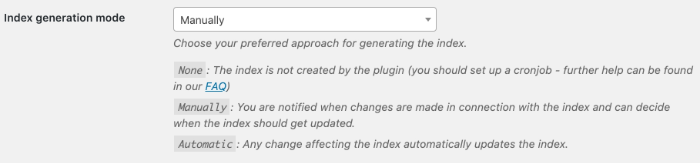 settings for the index generation mode - overview