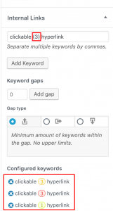 configured keywords overview with gap types