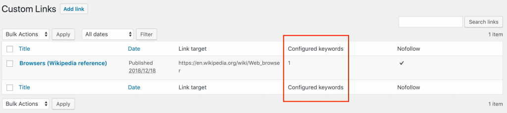 column displays how many keywords are configured