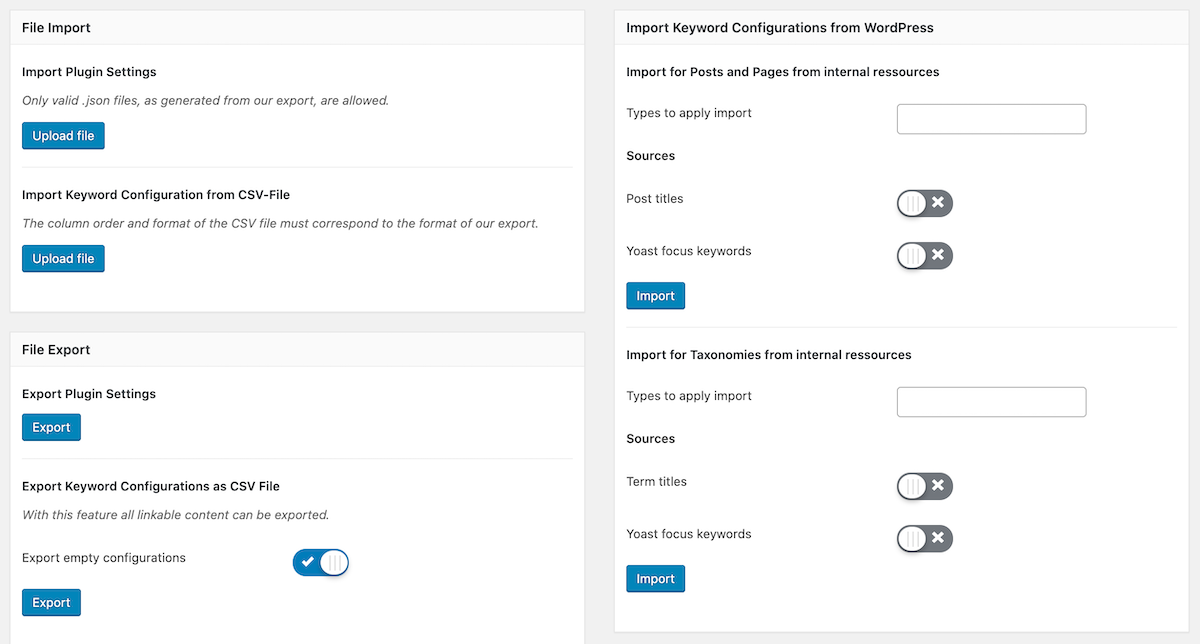 Import and Export tools for keywords and settings