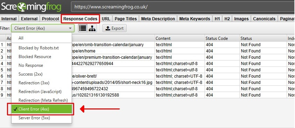 Filtering client errors (404) on Screamingfrog crawling report.