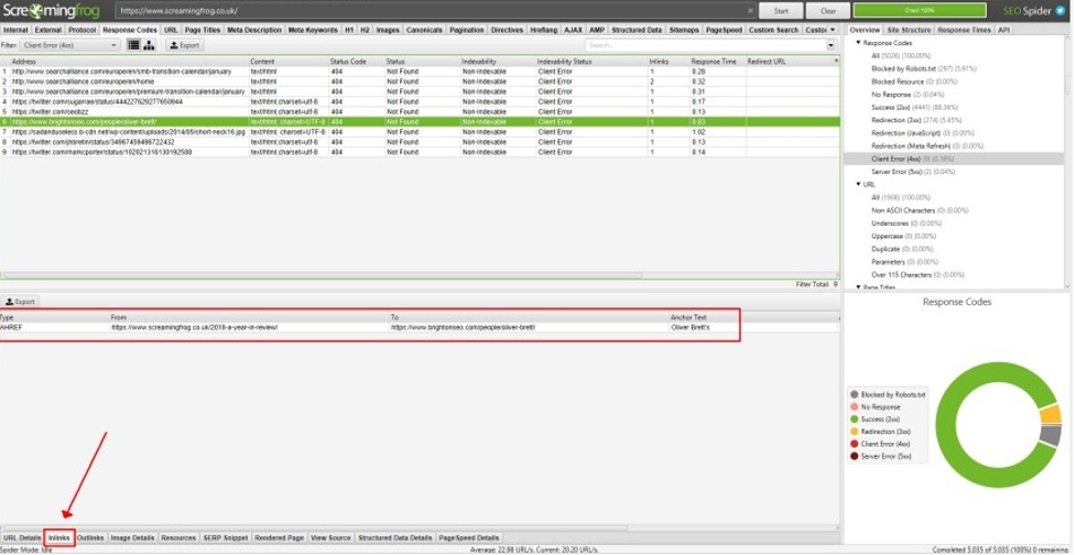 Showing all inlinks on a specific resource of Screamingfrog crawling analysis.