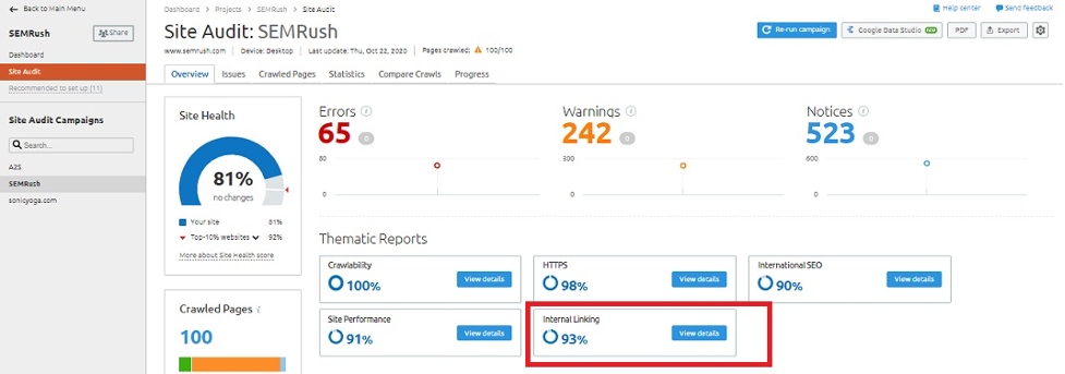 The internal linking score on site audit report of SEMrush