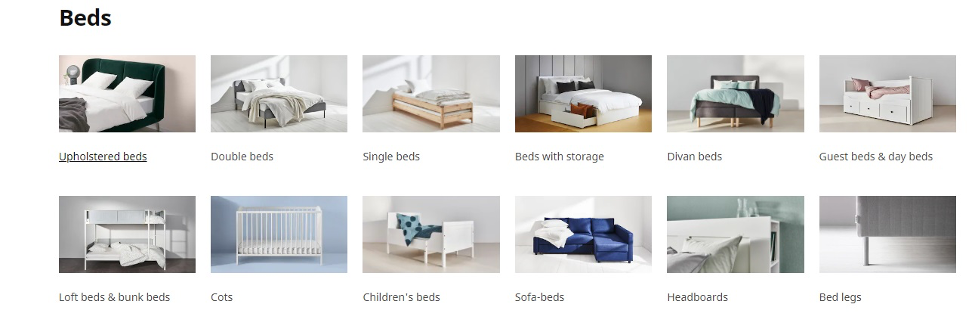 Example of IKEAs website: Content silo on the landingpage about "Beds".