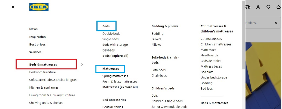 Example of the main navigation of ikea.com