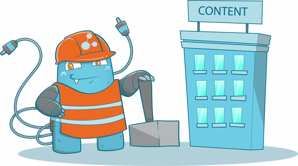 Internal Link Juicer Mascot wearing a construction uniform while holding a hammer under a building that is labeled "Content"