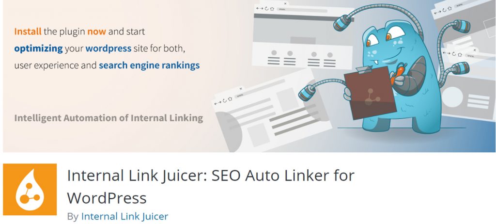 Internal link juicer mascot holding a link icons