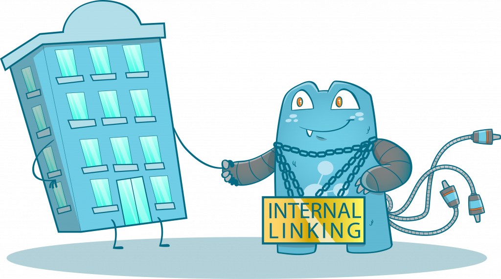 Internal Link Juicer Mascot, with a Internal Linking chain on the neck, shaking hands to a building.