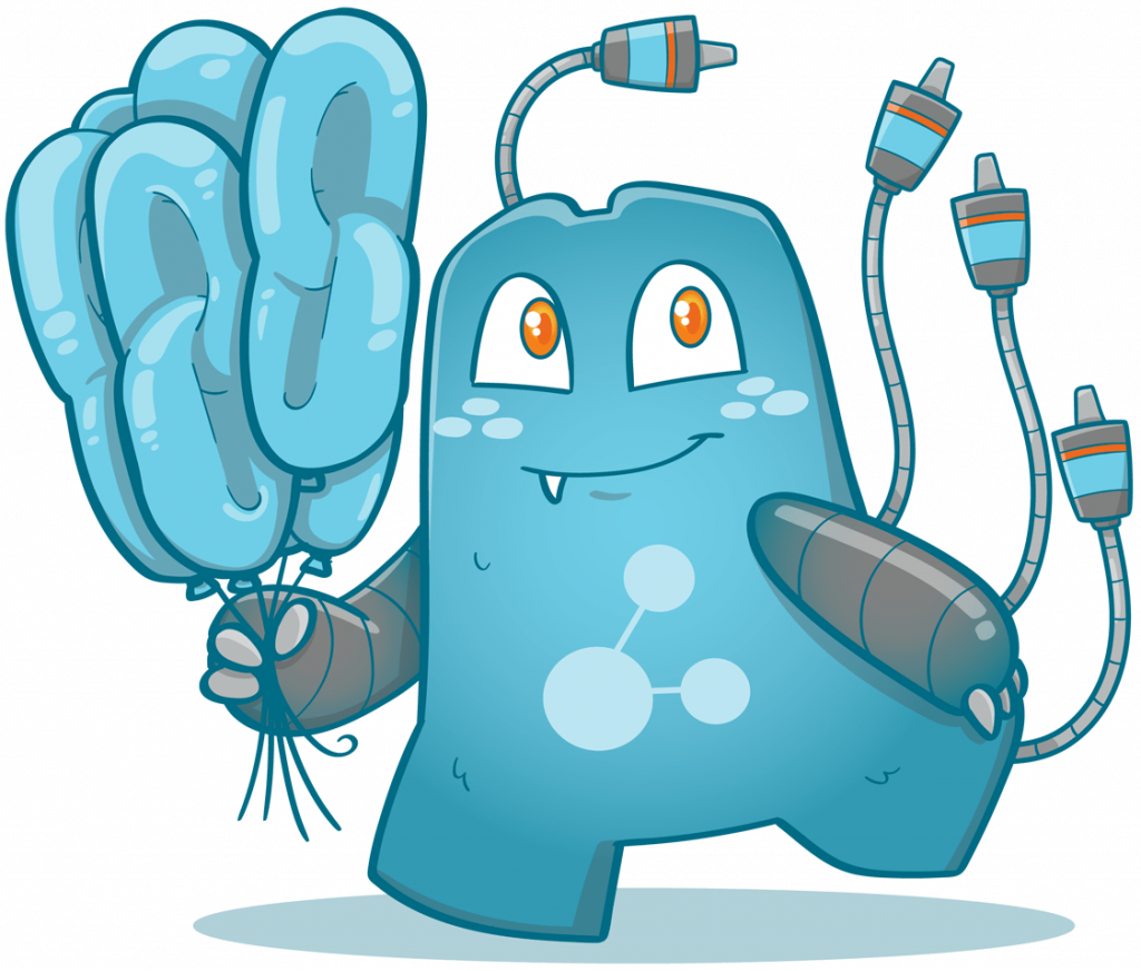 the Internal Link Juicer Mascot strolls along the path holding in its hand upwards a bouquet of balloons that all look like in a linking icon. The balloons are also partially hanging together.