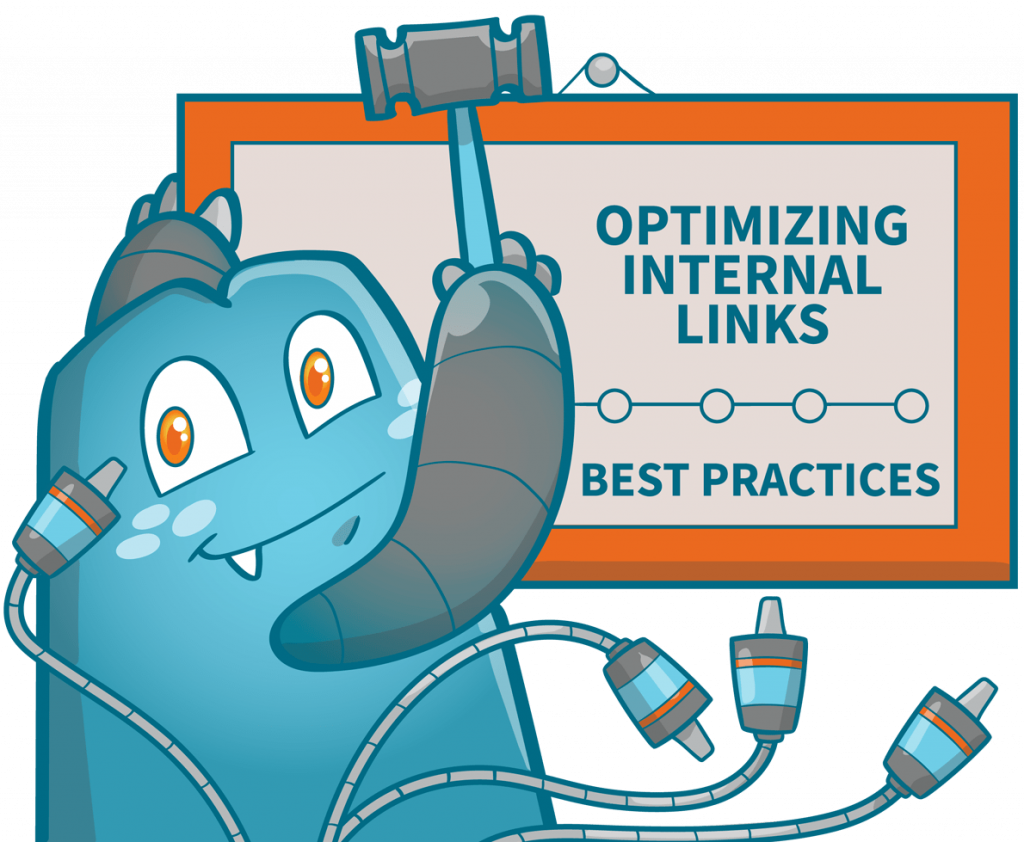 Internal Link Juicer Mascot hanging a picture with a hammer and nail. On the picture is a headline: "Optimizing Internal Links: Best Practices" and a 
 also a process chain to see.