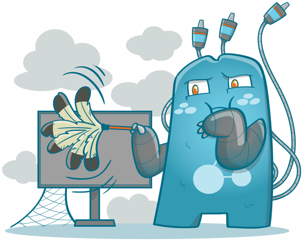 The Internal Link Juicer mascot is dusting. He holds a feather duster in his hand and dusts a screen with it. symbolizes to refresh content.
