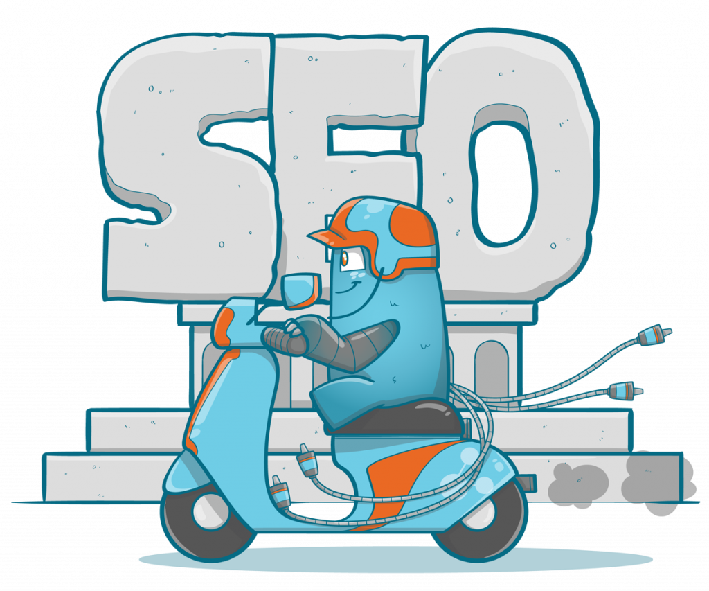 Internal Link Juicer Mascot is sitting on a scooter next to an SEO monument. He is on User Persona