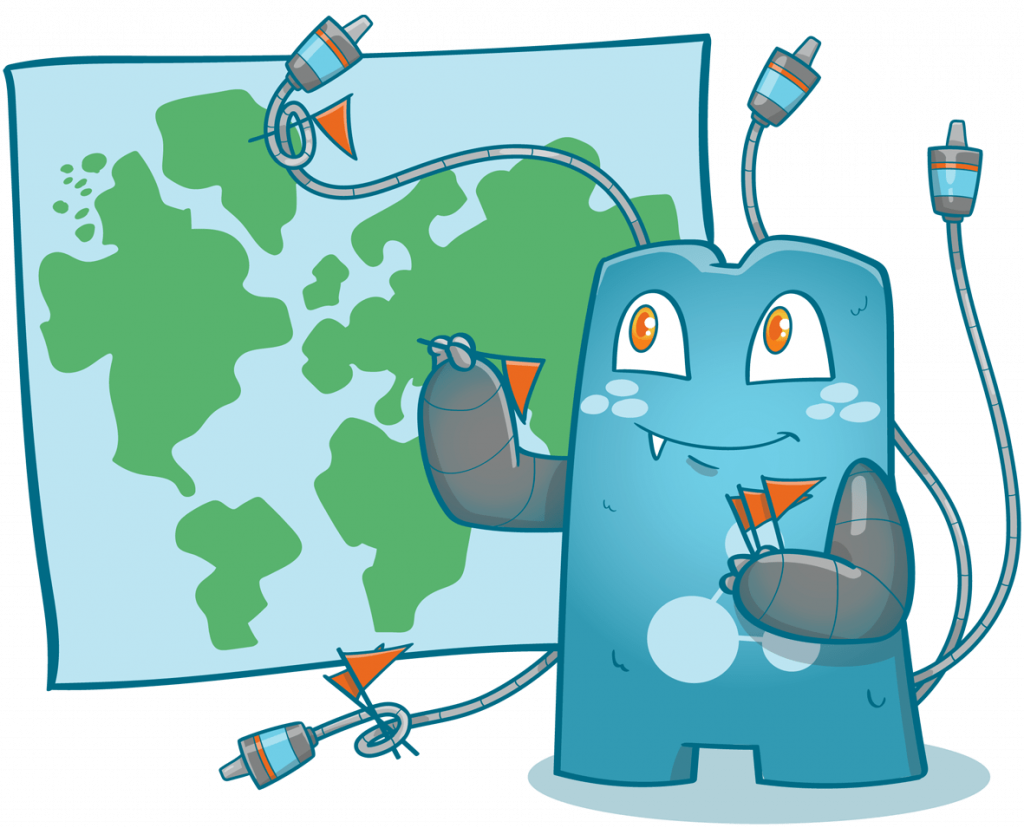 Internal Link Juicer mascot standing in front of a large map. It holds small "content flags" in its hands. A few flags are already stuck in the map. He creates a foolproof content silo structures