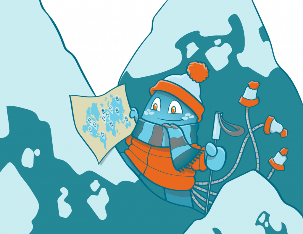 illustration of the Internal Link Juicer mascot as a hiker holding the map with lot of content. He walks towards the mountains (the mountains are 2-3 different sized screens).