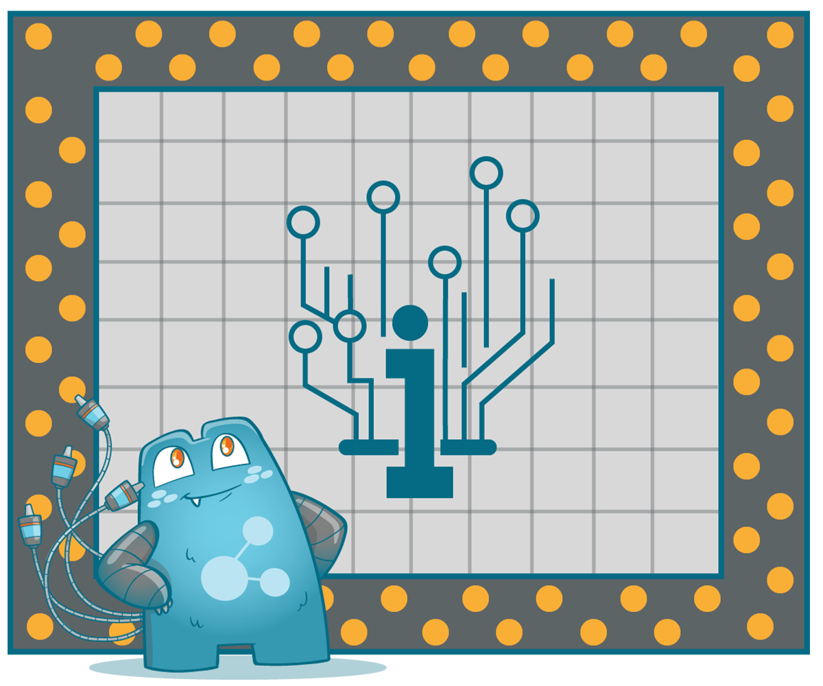 Create an illustration of a huge screen. The ILJ mascot is standing in front of it. The screen shows a "digital" information sign. 