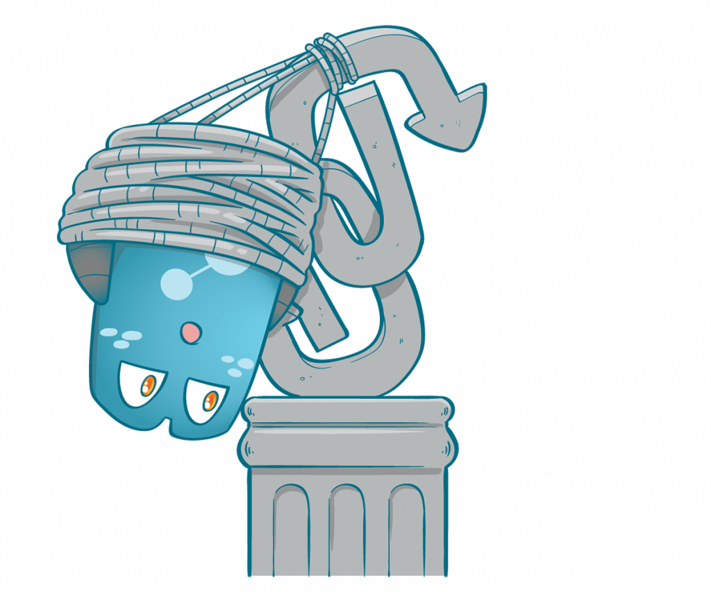 Illustration shows the Internal Link Juicer mascot. is hanging upside down from a sling of the "backlinking" column. 