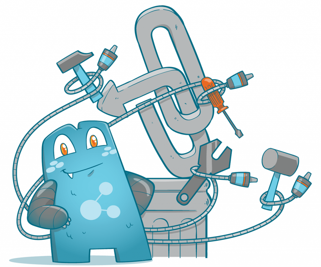 Illustration of the Internal Link Juicer mascot. It is standing in front of the "external linking" pillar, loaded with tools. 