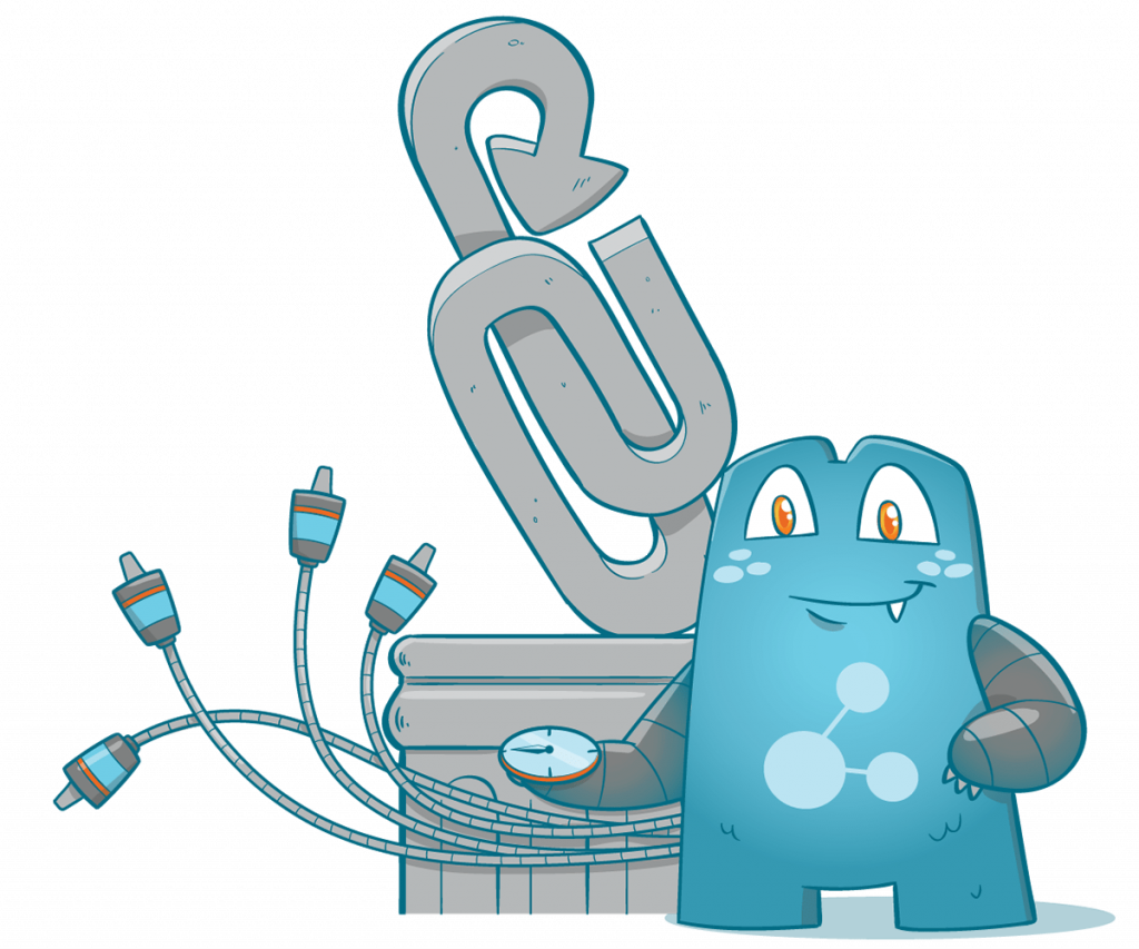 Illustration shows the Internal Link Juicer mascot. He is sitting in front of the column "internal linking" with a guidance in his hand. 