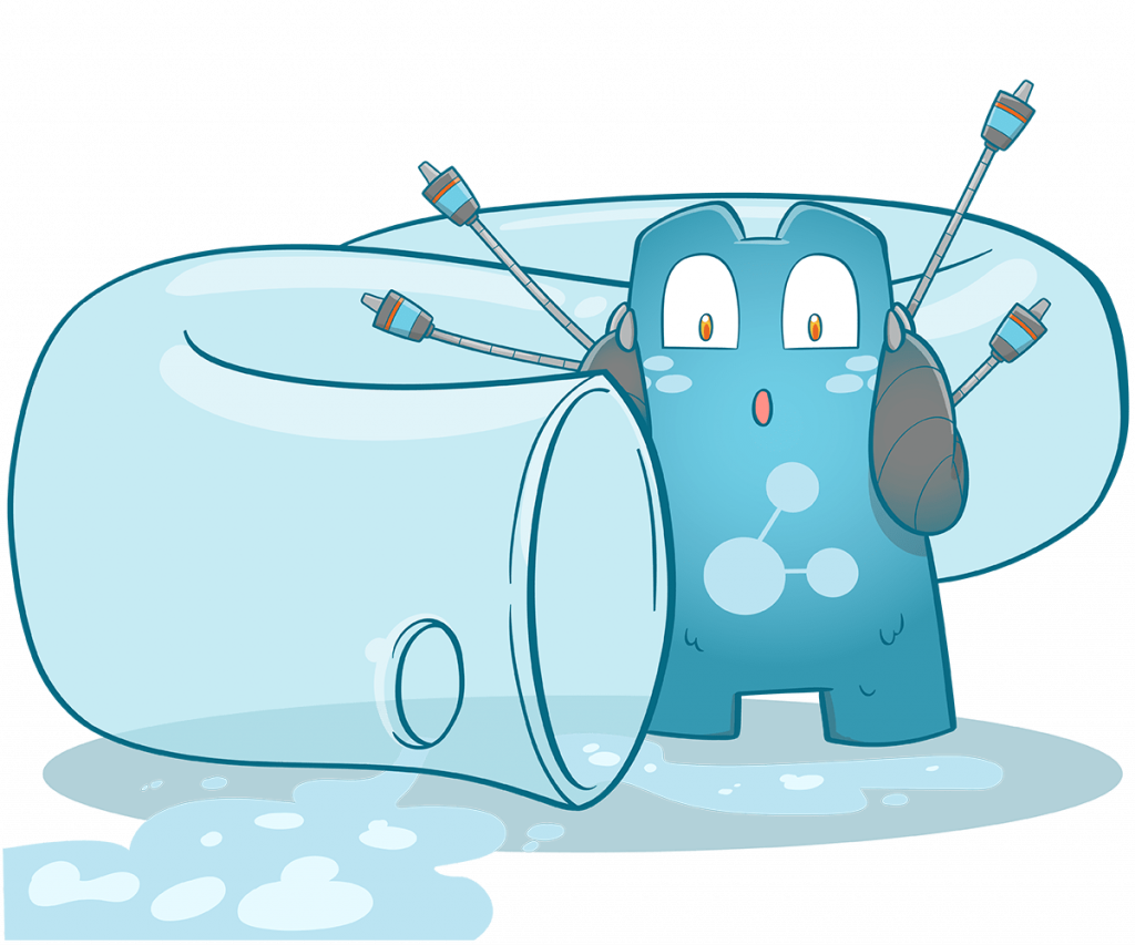 llustration of the Internal Link Juicer Mascot. It looks shocked at a tube, which has a hole in it. Link Juice is spraying out of the hole!