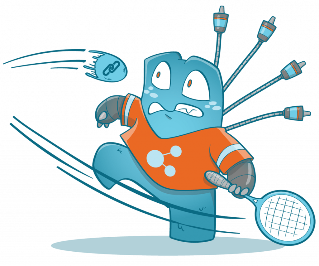 ts an illustration of the Internal Link Juiser mascot. Its playing squash. He plays a ball against the wall which bounces off the wall and comes back to him. The ball has the icon of a backlink on it.