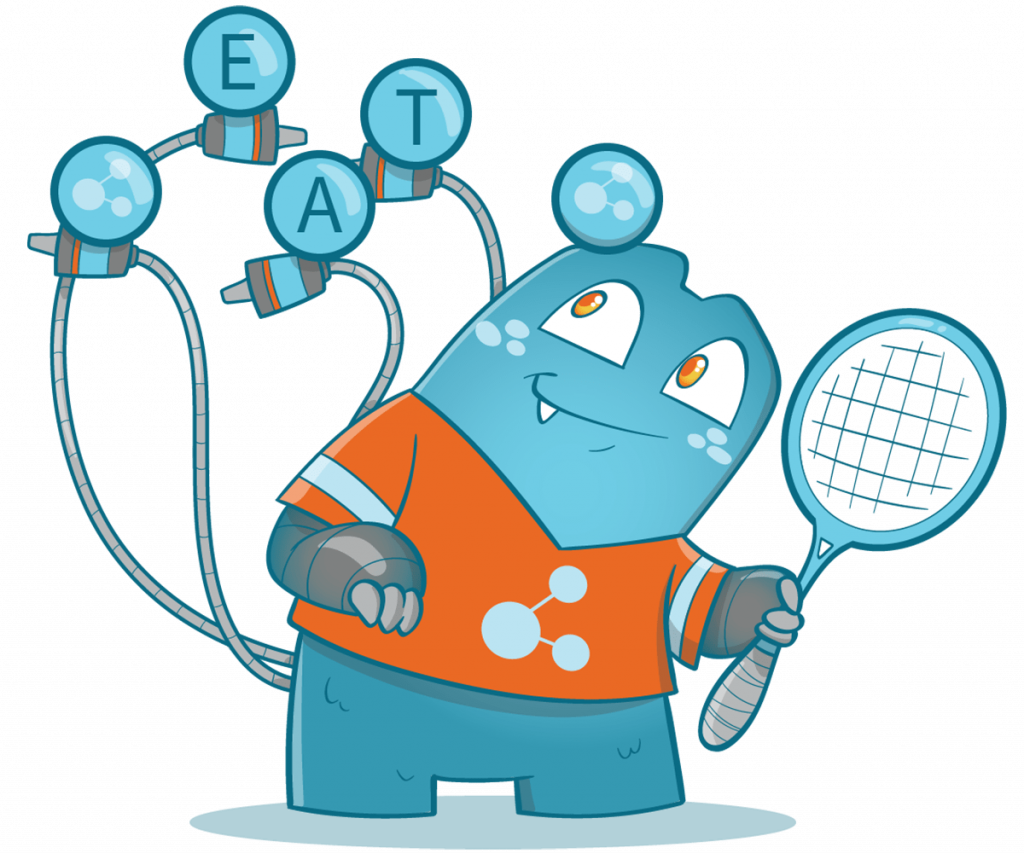 Its an Illustration of the Internal Link Juicer mascot. He is balancing 5 tennis balls on his cables while holding the racket in his hand. The middle three balls each have a letter on them: e-a-t.
