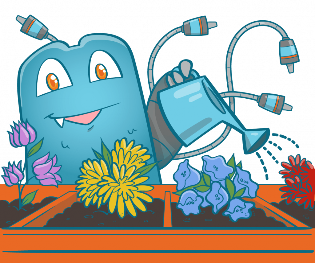 Its an illustration of the internal link juicer mascot watering flowers with a watering can. Message: powerful hyperlinks make your website's link success