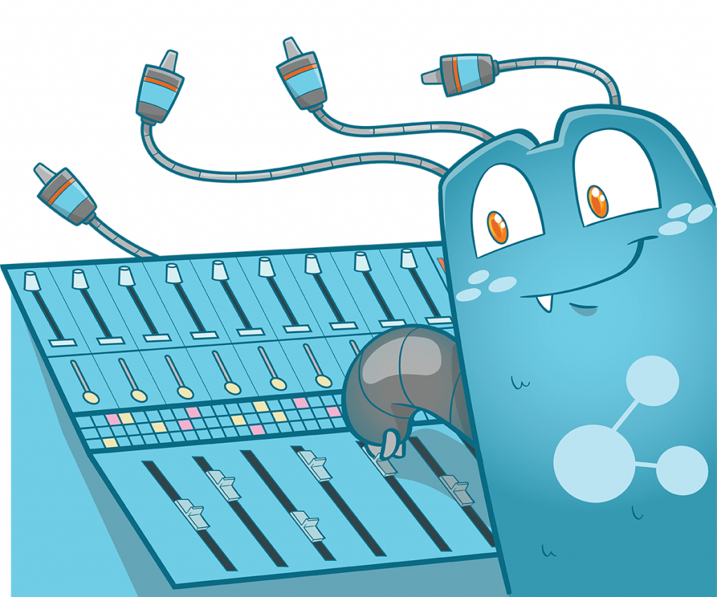 Illustration of the ILJ mascot standing in front of the console and tweaking the sliders. 