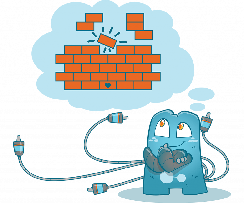 illustration of the Internal link juicer mascot. Above him floats a thought bubble, in which 1 building block.  represented. A heart is shown on this brick. More bricks descend from the top, in different shapes. -> Like in Tetris, these bricks should be more transparent than the brick with the heart. The brick with the heart is the focus of the illustration. 