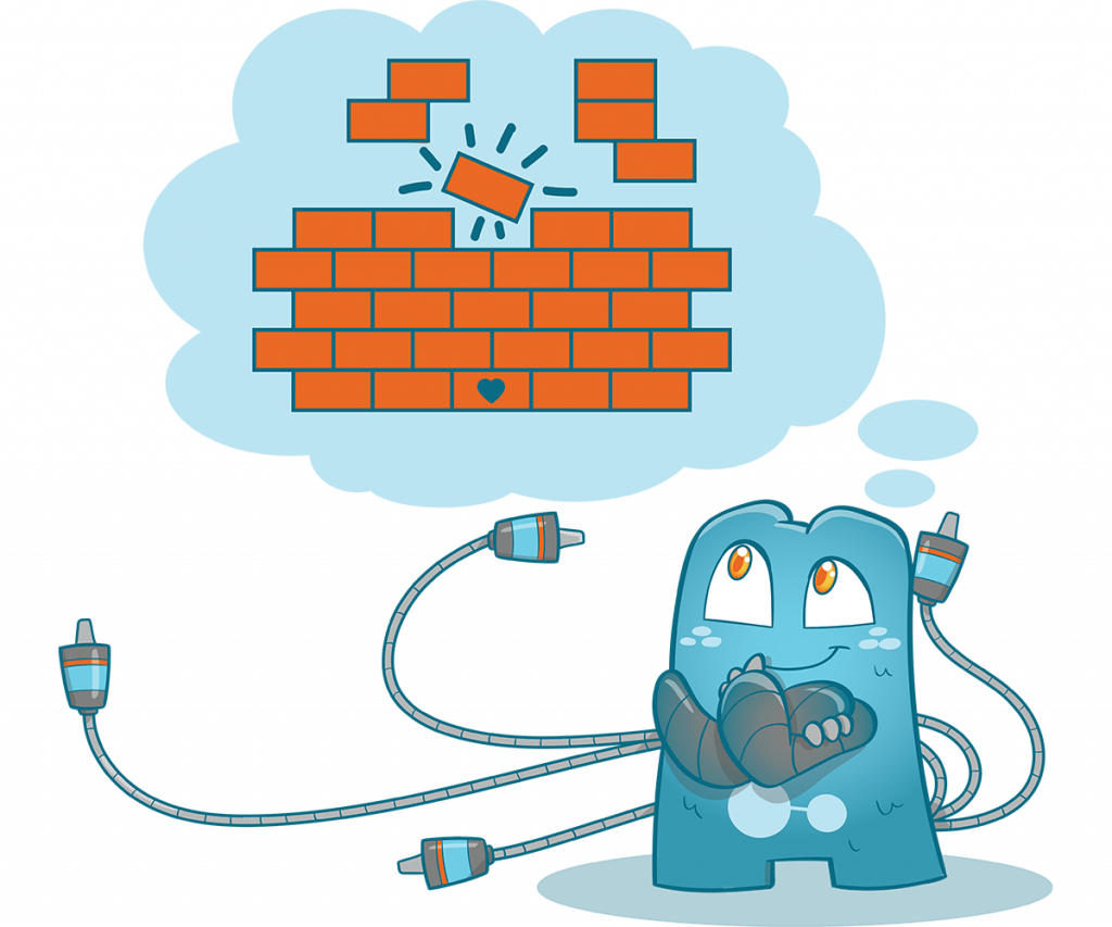 illustration of the Internal link juicer mascot. Above him floats a thought bubble, in which 1 building block. represented. A heart is shown on this brick. More bricks descend from the top, in different shapes. -> Like in Tetris, these bricks should be more transparent than the brick with the heart. The brick with the heart is the focus of the illustration.
