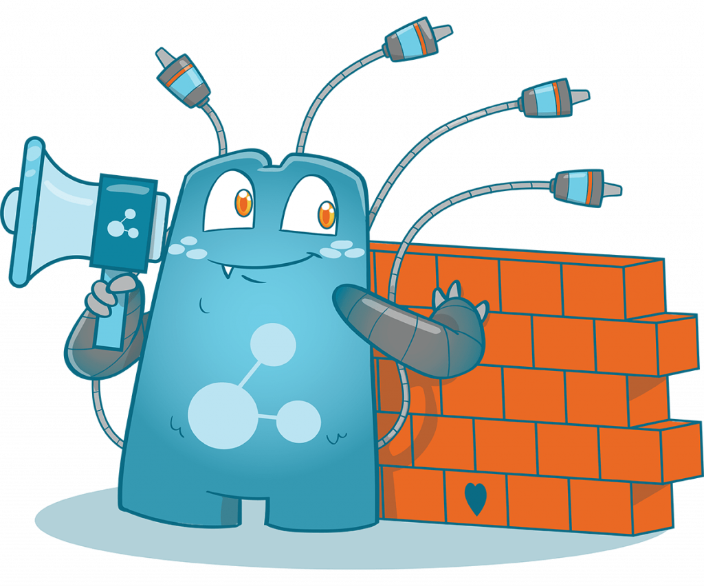 illustration of the Internal link juicer mascot. It stands with the megaphone loosely leaning against the wall all bricks are slightly transparent except the highlighted brick with the heart.
