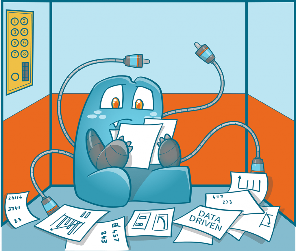 Create an illustration of the Internal Link Juicer mascot sitting in the lift. In front of him are some papers scattered on the floor. On the pages you can see graphics, extras and numbers. On another page the words Data Driven are printed. He holds a few pages in his hand. He looks concentrated and analyses the data