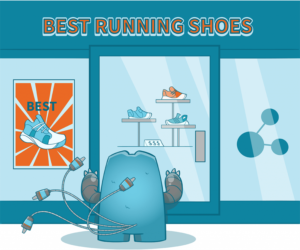The illustration shows the Internal Link Juicer mascot, in front of a shop with the window advertisement "best running shoes". The mascot is looking at the shoes in the window