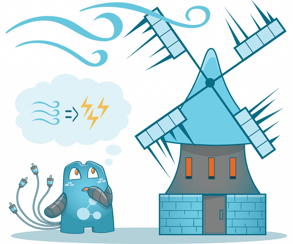 illustration of the Internal Link Juicer Mascot standing in front of a windmill. It is windy and the windmill produces a lot of energy. The mascot has a thought bubble on its head. The thought bubble shows his thought process: he just understands that a lot of wind brings a lot of energy. (You could see a house in this bubble where you can see that all the lights are on).
