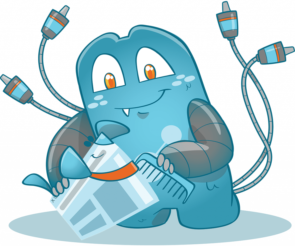 Illustration of the Internal Link Juicer Mascot, who is grooming the referring Domains and website