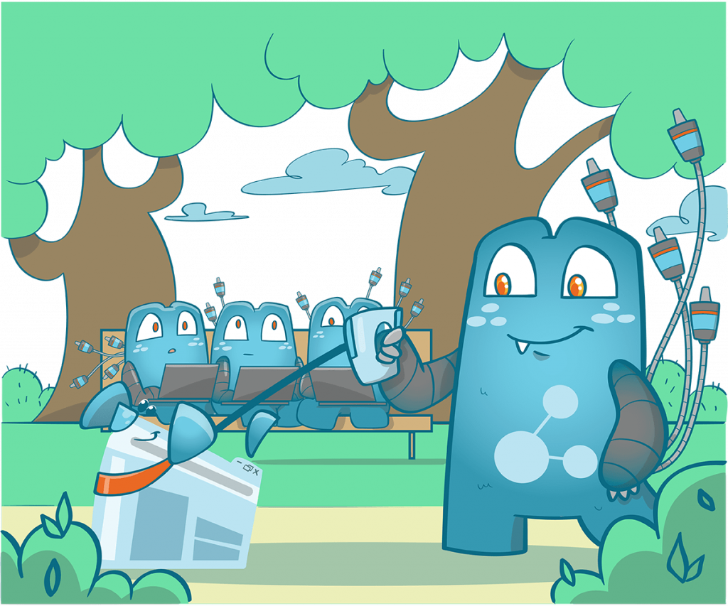 Illustration of the Internal Link Juicer mascot that goes for a walk "website dog" in the park. He waves to three other Internal Link Juicer mascots, they look like bloggers, standing to the side.
