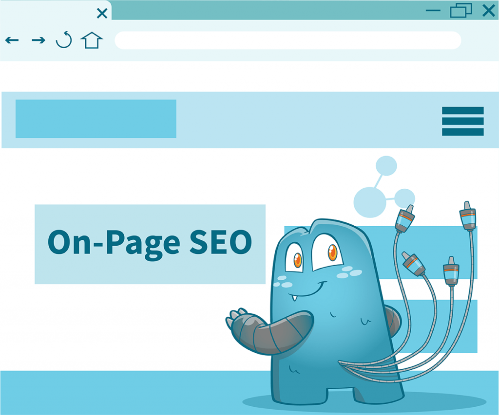 Illustration of the Internal Link Juicer mascot, standing in front of a large website and handing the website sign.  the title is now "On-Page SEO".