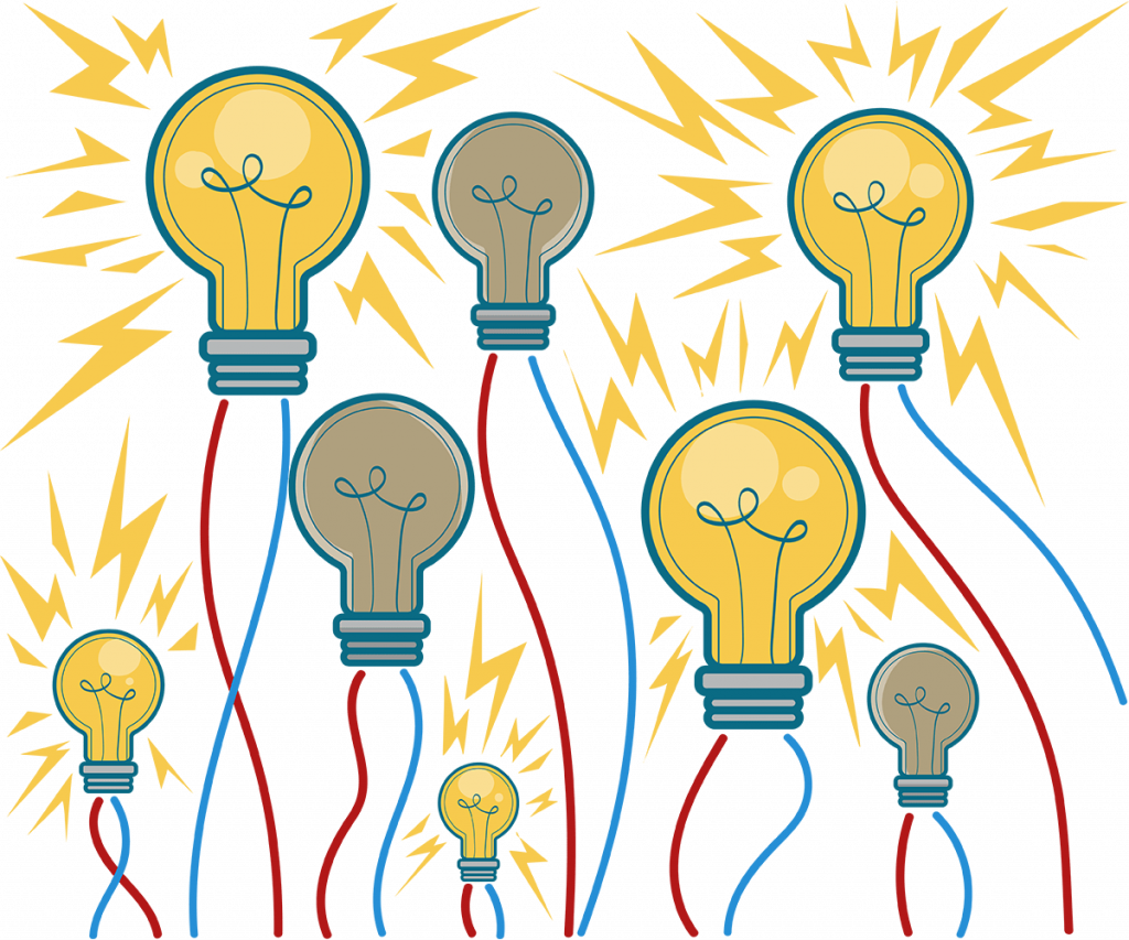 illustration of many connected light bulbs. Some light up, but few are off. They are connected by cables and form a network.