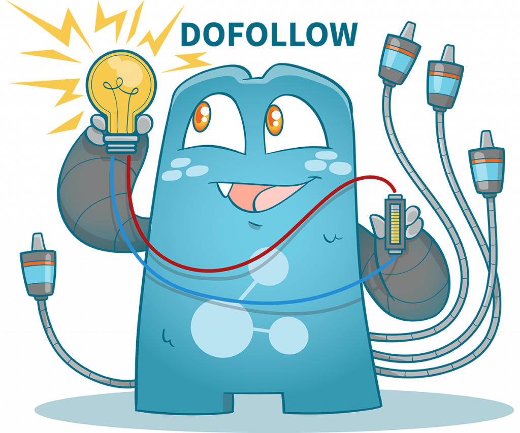 llustration of the Internal Link Juicer mascot. In his left hand he holds a battery (fully charged, you can tell by the bars) which is connected to the light bulb in his right hand. The light bulb lights up. Above the Internal Link Juicer mascot is the word Dofollow.