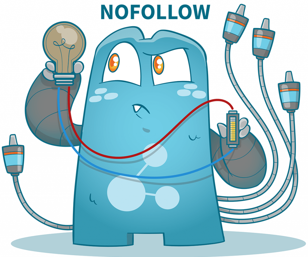 illustration of the Internal Link Juicer mascot. It holds a battery in its right hand that is connected to the light bulb in its left hand. The light bulb is off. The word Nofollow is written above the Internal Link Juicer.