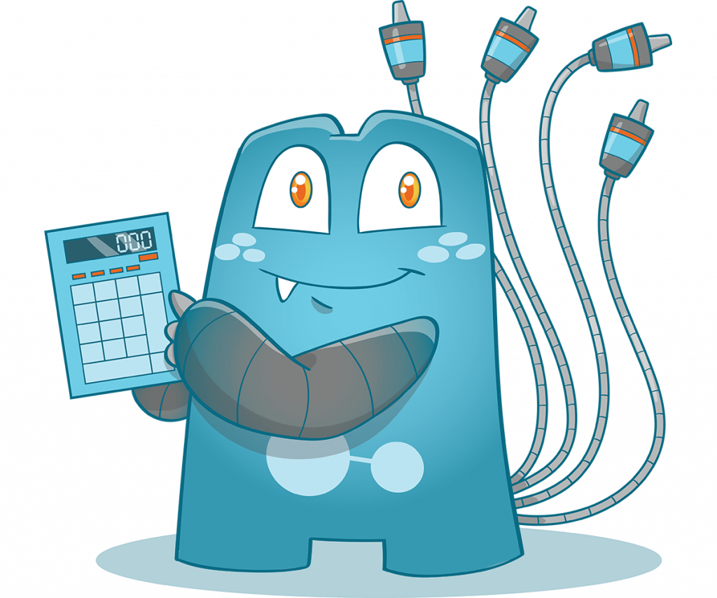 illustration of the Internal link juicer mascot with a calculator in his hand.