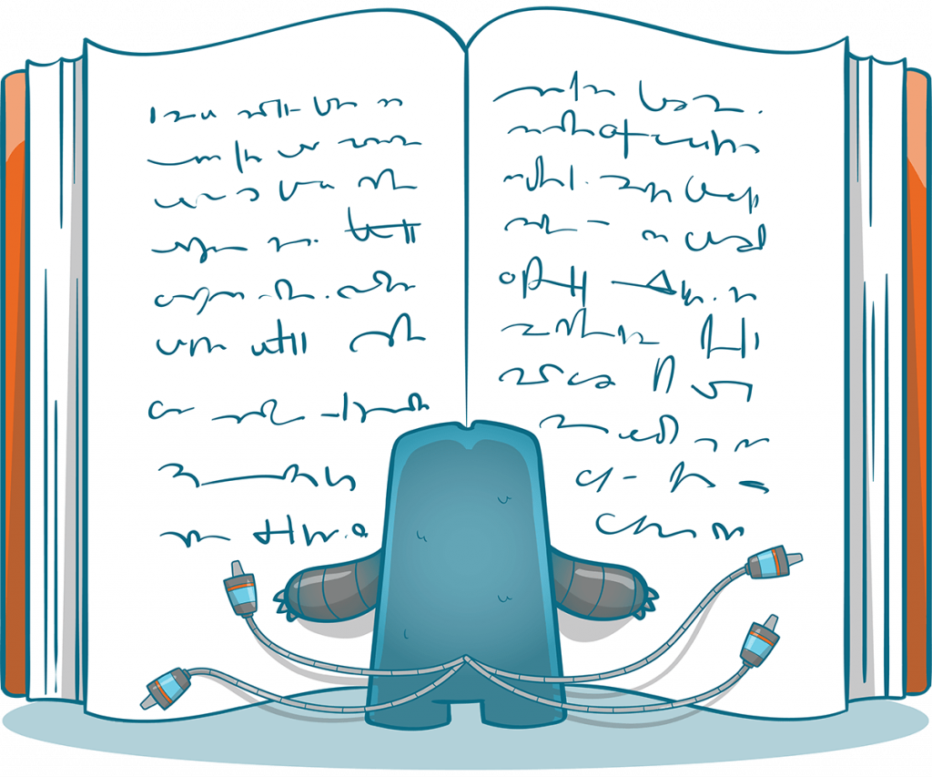 illustration of the Internal link juicer mascot. this time he reads in the big book about crawlability