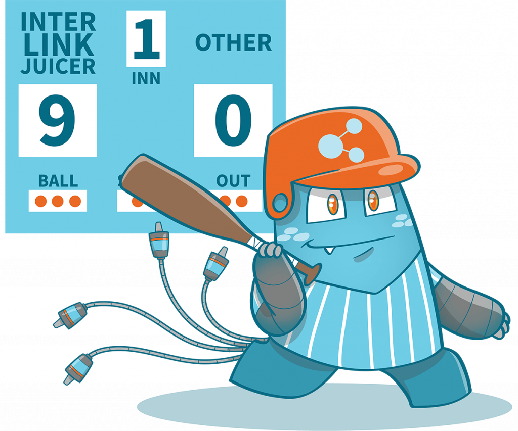 illustration of Internal Link Juicer Mascot. He walks off the field with his bat on his shoulder, satisfied. His team won. On the scoreboard, you can see team "Internal Link Juicer" with 9 points and team "other" 0 points. He gets a higher page rank.