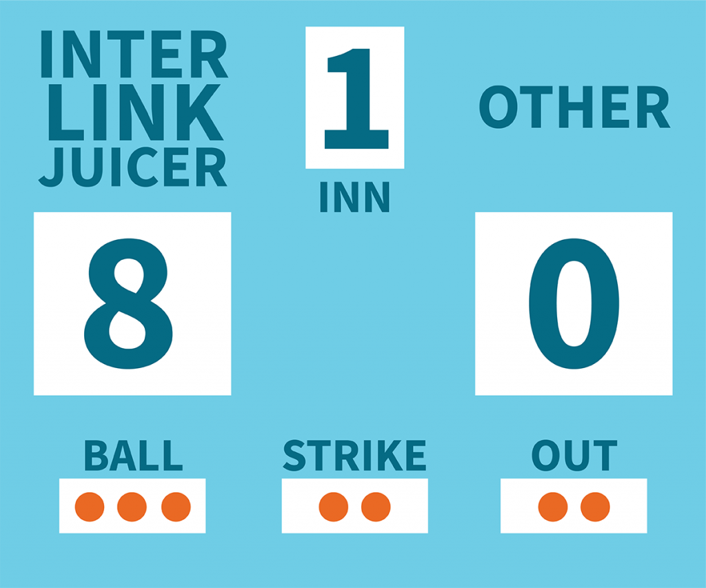 llustration of a stadium scoreboard: It shows the score of each team. There is the team "Internal Link Juicer" with 8 points and the team "other" with 0 points. It stands for the SERP Pages.