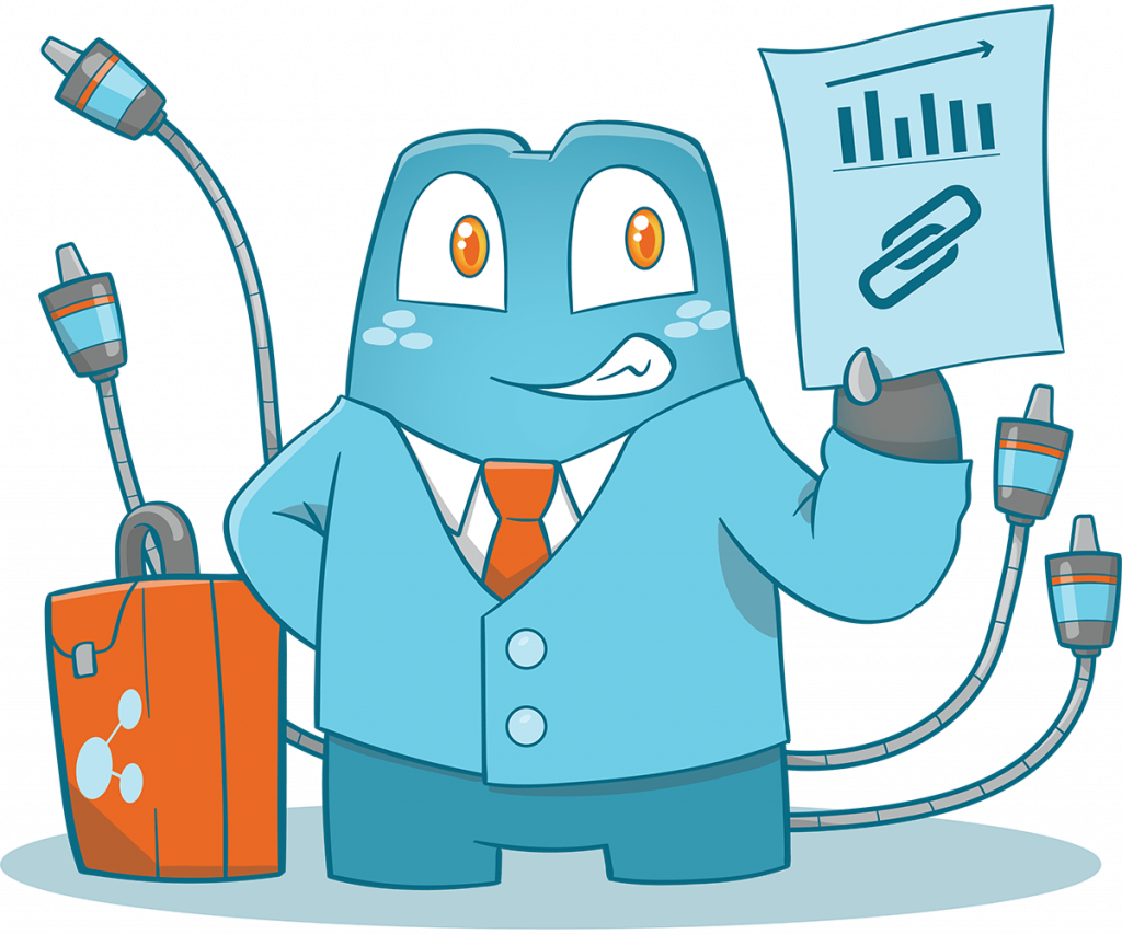  illustration of the Internal Link Juicer mascot as a businessman. He poses proud, satisfied, and successful.
