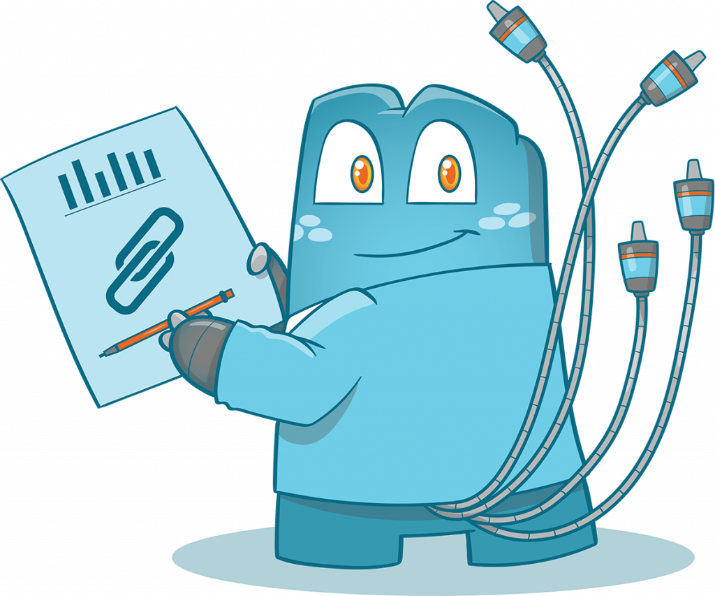 illustration of the Internal Link Juicer mascot, as a consultant. He has a pencil in his hand and sketches something on a piece of paper. (Pencil sketch.) You can see a statistic above his drawing. He draws the logo of backlinks. He gives you some informations about backlinks