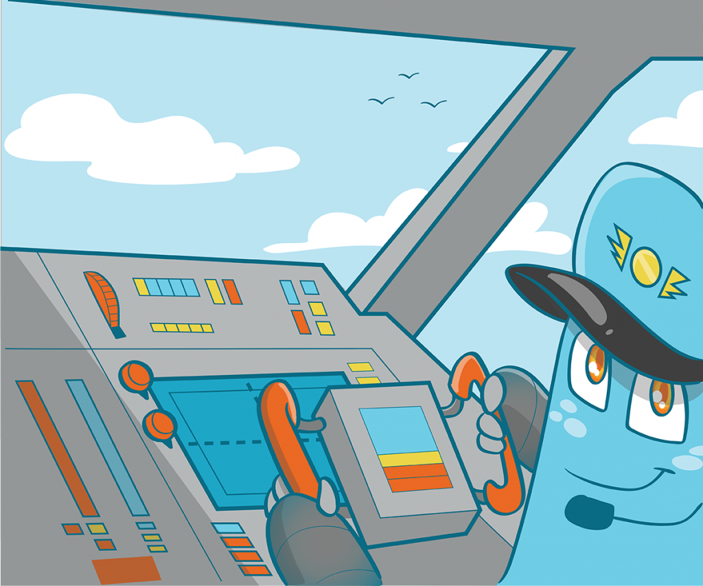illustration of the Internal Link Juicer mascot, sitting in the cockpit and flying the plane. He is relaxed and flips a switch or pushes a few buttons.