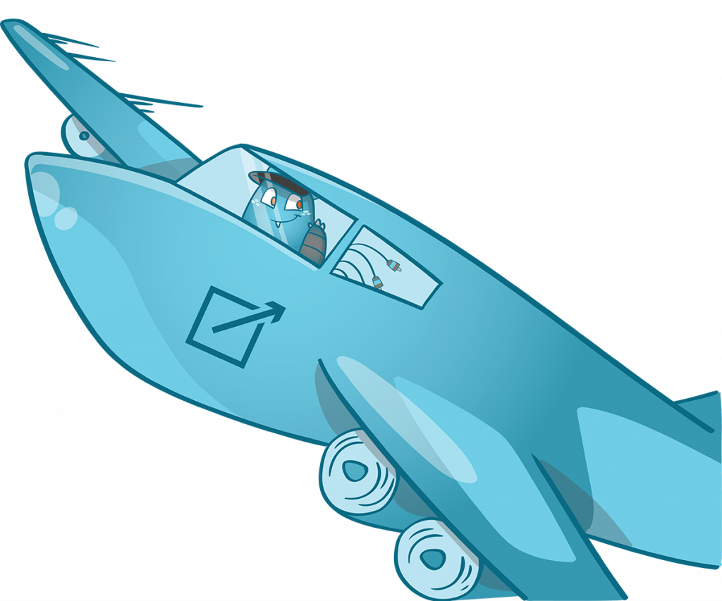 illustration of the aircraft with the external links icon as it takes off powerfully from the runway. You can see the Internal Link Juicer logo on the plane and the Internal Link Juicer mascot sitting in the plane.