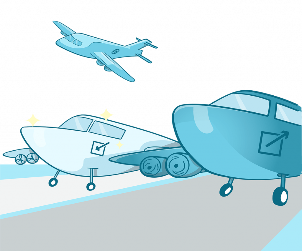 illustration of 3 different planes. The first one represents inbound links/backlinks and therefore has the icon on the plane. This plane is in the air and is on approach to land. The second aircraft represents the internal links. The icon for internal links is shown on the aircraft. It is the most beautiful plane of all (it is shiny). It is parked in the aircraft parking area, docked to the airport building. The last one represents the outbound links / external links. It contains the logo of the external links. This one is on the runway and ready to take off. The turbines are running at full speed.